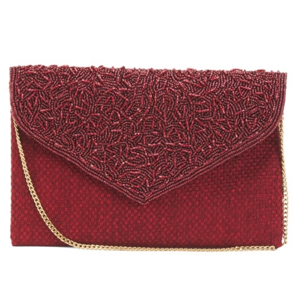 Red Beaded Envelope Clutch with Detachable Gold Chain